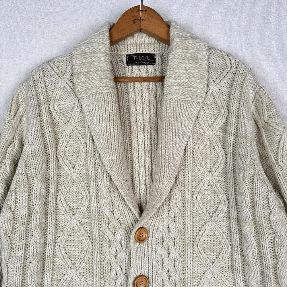 Vintage Thane Men’s Fisherman Cable Knit Cardigan Sweater Acrylic Cream‎ Medium